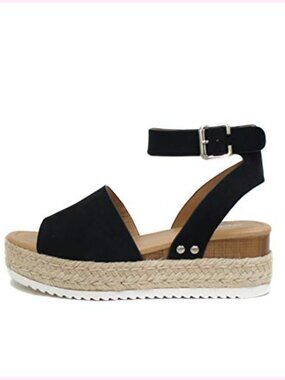 Open Toe Buckle Ankle Strap Espadrilles Flatform Wedge Casual Sandal